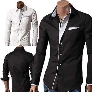 Doublju1 Mens Casual Patch Point Slim dress shirts BLACK/WHITE (DS41 