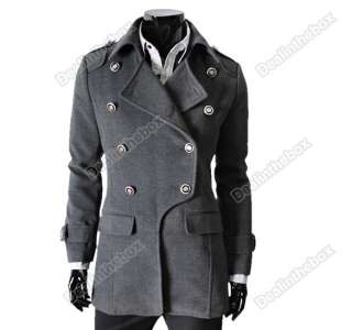 Mens Double breasted Stylish Winter Woolen Blends Parka coat 3 color 