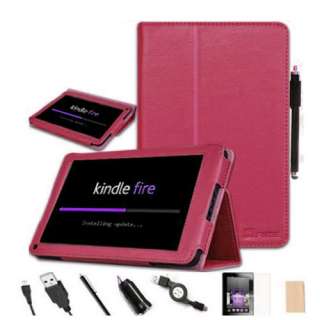 Kindle Fire PU Leather Case Cover/Car Charger/USB Cable/Protector 