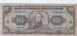 ECUADOR 100 SUCRES Banknote Paper Money NOTE  