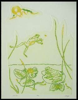 Lawrence Lerfald, The Pond, Original Art Etching Frogs Green MAKE AN 