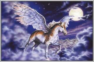 Poster Pegasus Pferd Flügel Nacht Mond Rahmen silber  