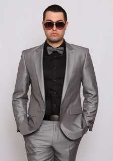Slim Fit Men Suit Silver 1 Button Peak Lapel Sharkskin Fabric Slim 
