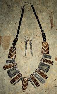 new handmade batik bone antiqued metal necklace earrings set