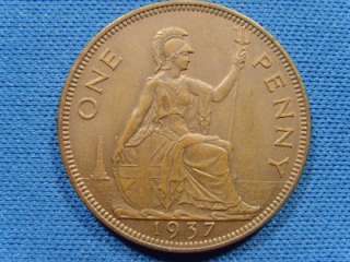 1937 ONE PENNY KING GEORGE VI BRITISH COIN SOME LUSTRE  