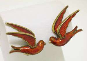 Vintage Norway Sterling Silver Red Enamel Bird Earrings  