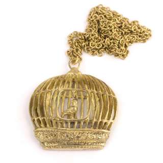 Vtg vintage brass style bird cage pendant gold necklace by 