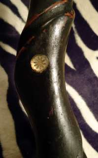 BEAUTIFUL BLACK WOODEN SPIRAL CARVED CANE WALKING STICK ANTLER HANDLE 