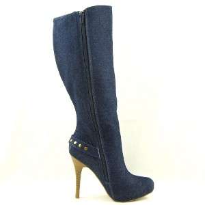 Womens Knee High Studded Denim Boots, High Heel, Dk. Blue size 5.5US 