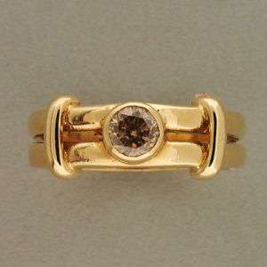   1960s 14K YELLOW GOLD DOUBLE BAND UNTREATED BROWN ROUND DIAMOND RING
