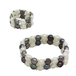  Black & White Freshwater Pearl Bracelet & Ring Set 