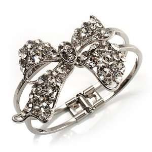  Silver Tone Crystal Bow Hinged Bangle Bracelet Jewelry