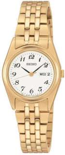 New Seiko Dress Day and Date White Dial Gold Tone Womens Watch SXA126 