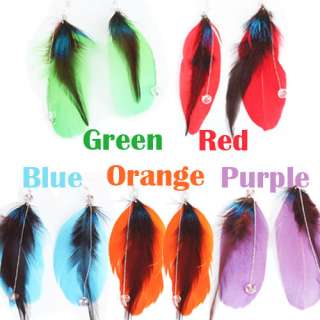 Pairs Feather Rhinestones Dangle Earrings Blue Red Purple Orange 