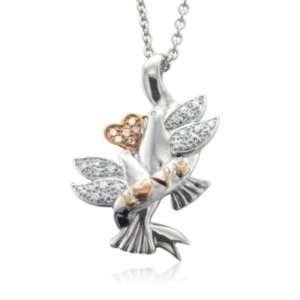 Silver Heart Love Bird Diamond Pendant Necklace  0.10ct  