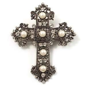   Victorian Filigree Pearl Style Crystal Cross Brooch (Antique Silver