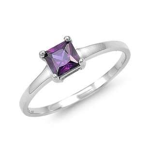    Sterling Silver Princess Cut Amethyst CZ Ring Size 6 Jewelry