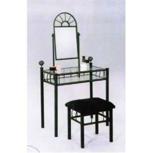  2pc Vanity Table Mirror & Chair Set Black Finish