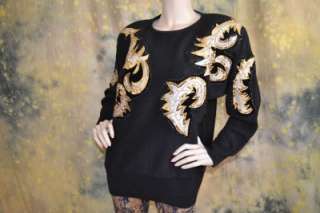 vtg 80s ULTRA GLAM silver GoLD FEATHER LeaF sweater S M LeGGy black 