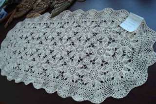 Vintage Hand Flower Crochet Cotton Table Runner Ecru  