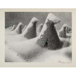  1939 Grant Wood January Corn Shocks Animal Tracks Snow 