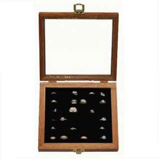 SOLID OAK LOCKING GLASS TOP DISPLAY CASE FOR 36 RINGS  