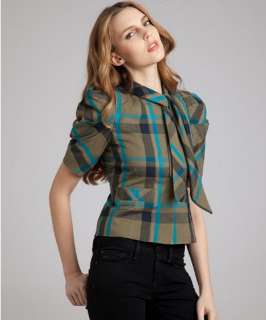   by Marc Jacobs dull olive plaid wool silk Brodie puff sleeve blouse