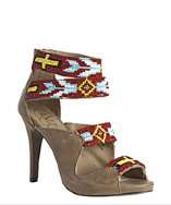Candela brown leather beaded strap heeled sandals style# 314108102