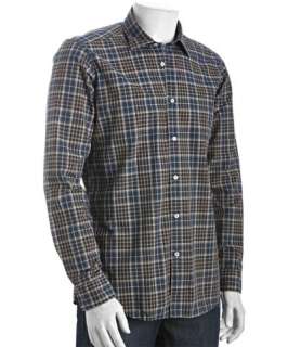 Etro grey and blue plaid cotton button down shirt