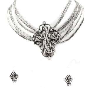 Gorgeous True 7 Chain Large Cross Necklace and Earrings Set with Ice 
