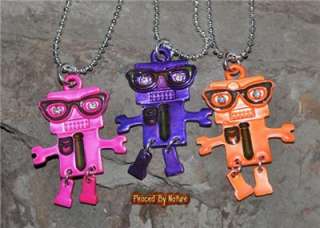 Girls MOOD Robot w/Glasses Necklace Movable Legs Silver Chain PINK 