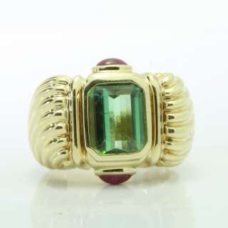   Sculpted Cable Emerald Cut Tourmaline and Ruby 14K Yellow Gold Ring
