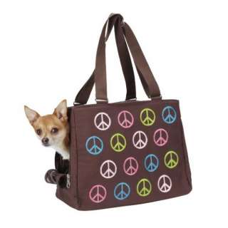 These trendy pet carriers boast a peace sign design on a canvas body.