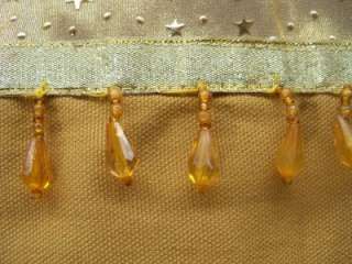 Bath Fabric Shower Curtain Amber Gold w Stars Border Dangle Bead trim 