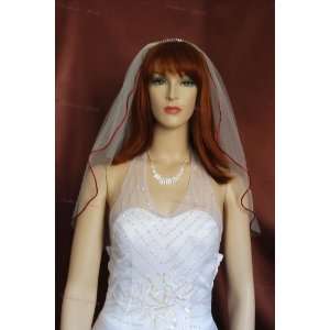  1T Elbow White Colorful Wedding Veil Red Cord Edge Beauty