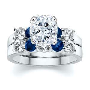   CUSHION DIAMOND W ROUND BLUE SAPPHIRE RING SET Samuel David Jewelry