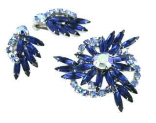 Vintage WEISS Signed Brooch earrings set Blue crystals  