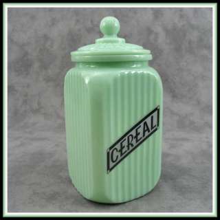 JADEITE GREEN GLASS TALL SQ CEREAL CANISTER JAR RIBBED ARCH PANEL w 