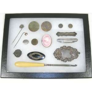  Antique Victorian Jewelry & Buttons in Riker Display Case 